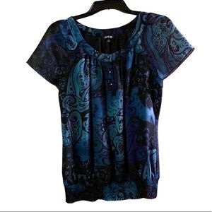 APT 9 Small Black and Green Polyester Paisley Blouse